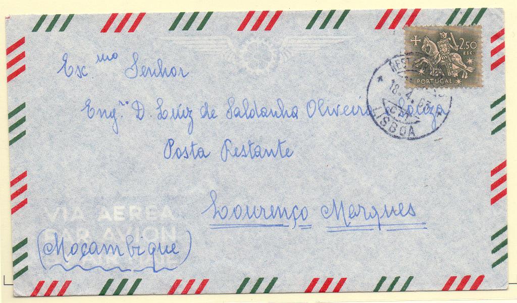 1278 f.jpg -     Lote:    1278 (frente)            Moçambique       Descrição:         1952 &mdash; Emissão regular. Novo tipo. Sobrescrito circulado de Lisboa (18.04.63) para a Posta Restante de Lourenço Marques (22.04.63) com selo tipo Cavaleiro Medieval de 2$50 CE773. Pagou o serviço da Posta Restante com selo de 1$00 CE POR54. B e R,        Carta       Valor Base:     &euro; 25,00     Valor Venda:     Retirado     